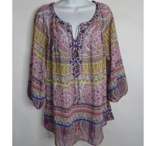 Fig and Flower Top Womens 1X Paisley Floral Lace Hi Low Tie‎ Boho Peasant sheer